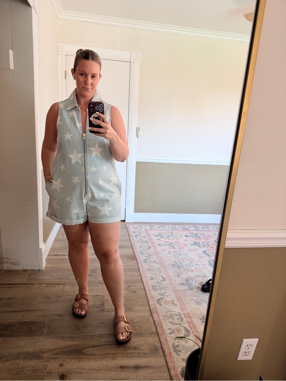 Show Me Your MuMu Light Blue Star Print Denim Romper